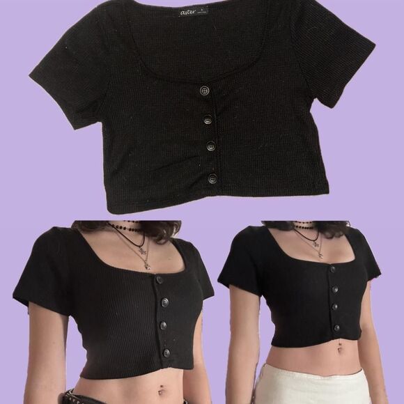 Source Unknown Tops - Ribbed Button Front Crop Top